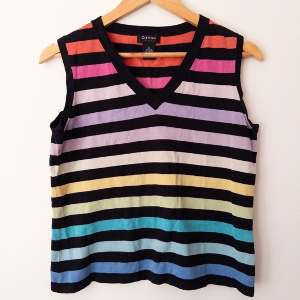 Y2K Stretch Rainbow‎ Stripe Sleeveless Knit Silk Tank M Pride Dopamine Colorful